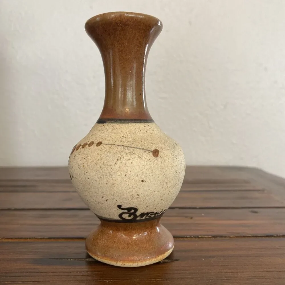 Vintage Mexican Art Pottery Stoneware Vase Hand Painted Signed Floral Small 5”